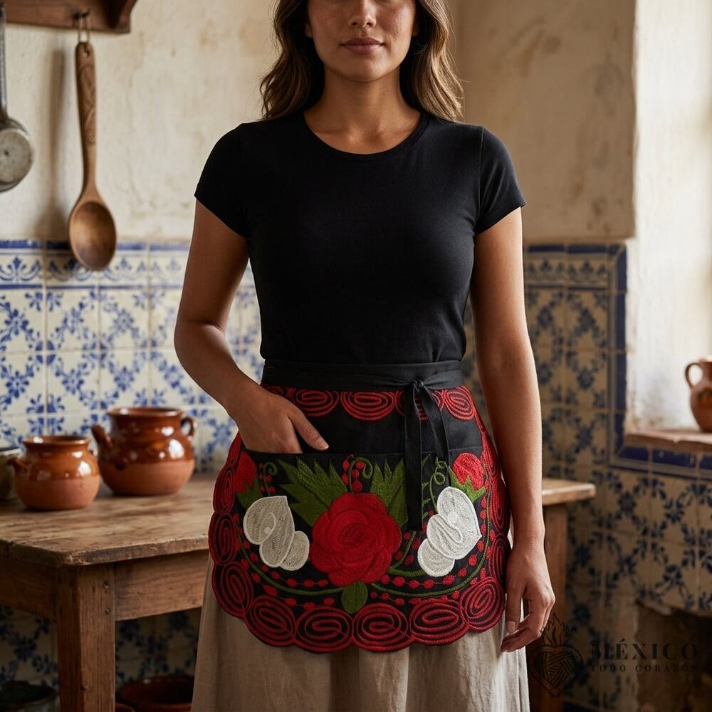 Mexican Embroidered Waist Apron – Floral Pocket Design, Traditional Tie Apron